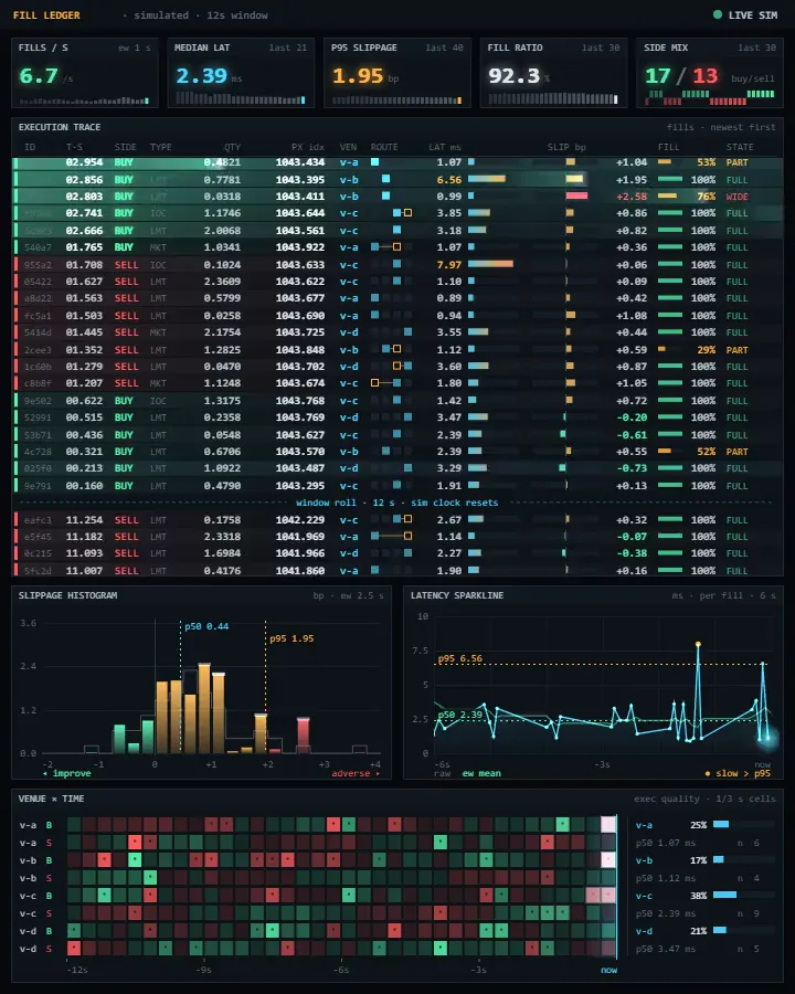 Fill ledger · execution trace